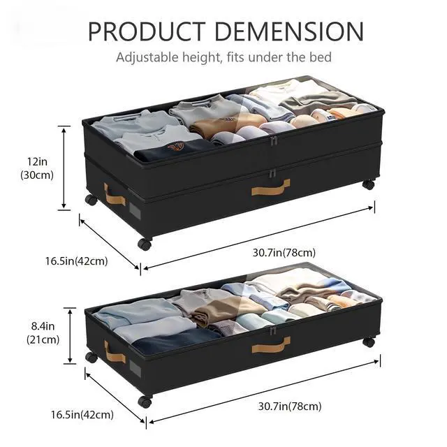 Alt view image 2 of 7 - Under Bed Storage with Wheels 2-Pack, 75L XXL Under the Bed Storage Containers Large, 12" Tall Adjustable Storage for Underbed with Lids, Rolling for Clothes, Shoes, Blankets (Black)
