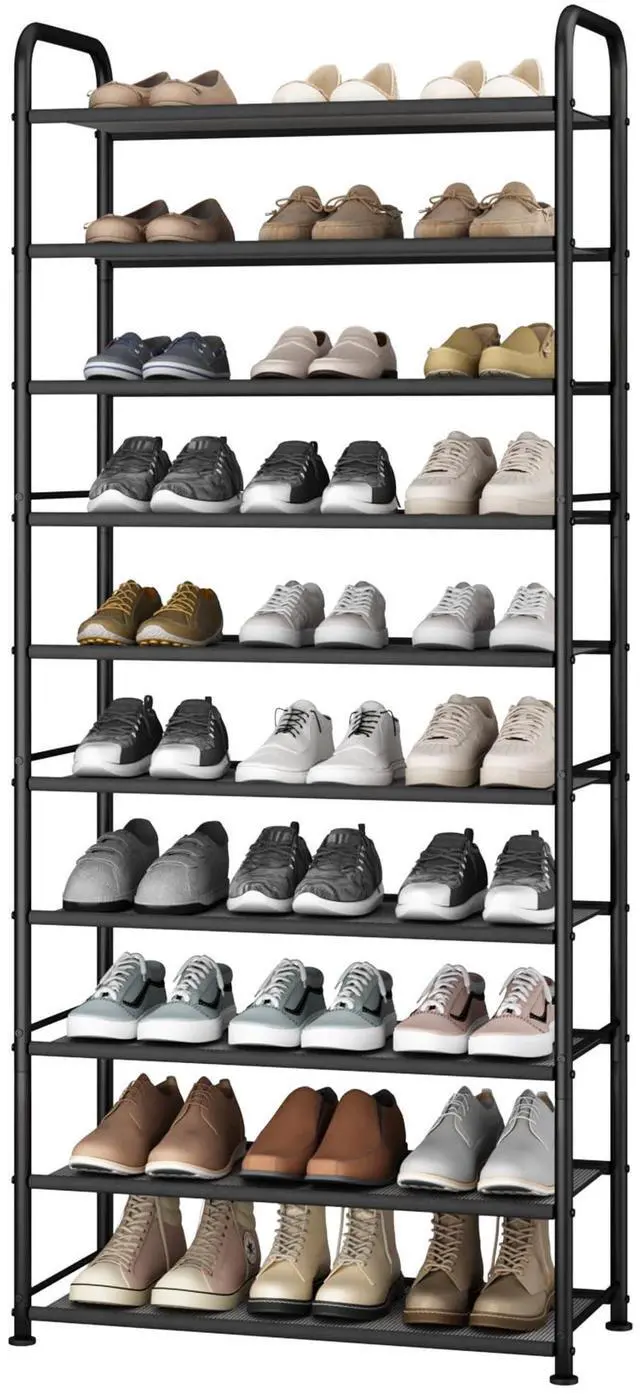 Main image of 10-Tier Shoe Rack with Sturdy Mesh Shelves, Tall Metal Shoe Organizer for Entryway, Closet, Garage, Front Door, Holds 30 Pairs, Free Standing Large Shoe Storage Shelf, Adjustable Feet, Black