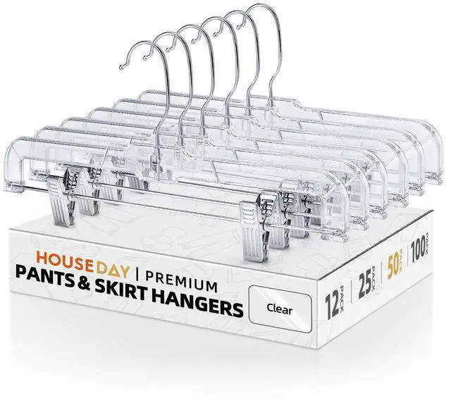 Main image of 50 Pack Skirt Hangers Pant Hangers with Clips, Clear Plastic Hangers for Pants, Skirts, Shorts, Versatile Use Clip Hanger, Retail Hanger