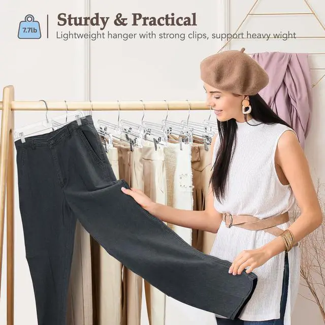 Alt view image 2 of 7 - 50 Pack 14 inch Clear Plastic Pants Hangers with Clips, Skirt Hangers, Clip Hangers for Pants, Trouser Bulk Plastic Pant Hangers