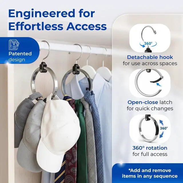 Alt view image 3 of 7 - Premium Closet Organizer, Rotating Aluminum Ring Hanger with 360° Swivel Hook, Space Saving Accessory Holder for Belts, Ties, Hats, Scarves, Purses & Handbags | Closet Organizer (3 Pack)