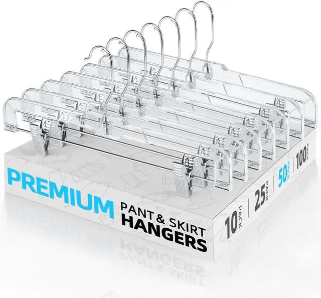 Main image of 50 Pack 14 inch Clear Plastic Pants Hangers with Clips, Skirt Hangers, Clip Hangers for Pants, Trouser Bulk Plastic Pant Hangers
