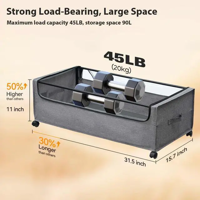 Alt view image 6 of 6 - Under Bed Storage with Wheels, Rolling Under bed Storage with Metal Frame, Under Bed Shoe Storage for Space Saving, Zippered Clear Lid, Heavy-Duty Steel Base for Clothes