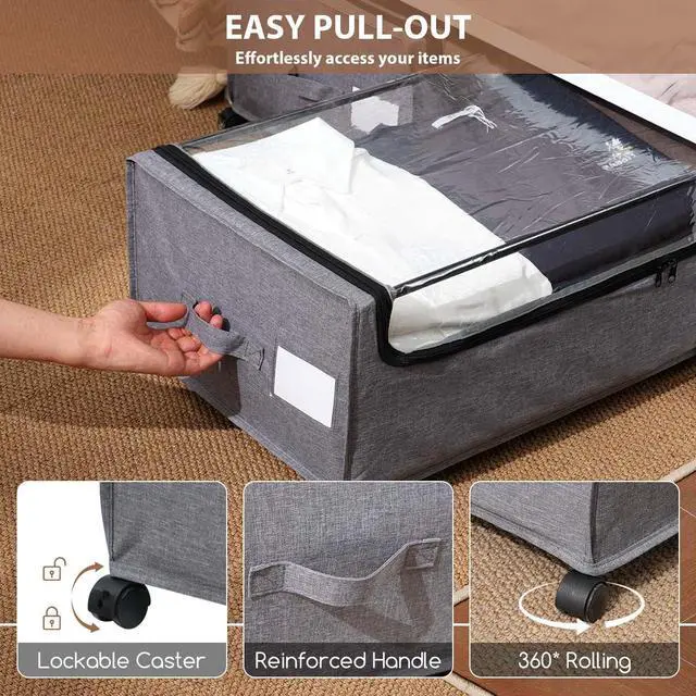 Alt view image 5 of 6 - Under Bed Storage with Wheels, Rolling Under bed Storage with Metal Frame, Under Bed Shoe Storage for Space Saving, Zippered Clear Lid, Heavy-Duty Steel Base for Clothes