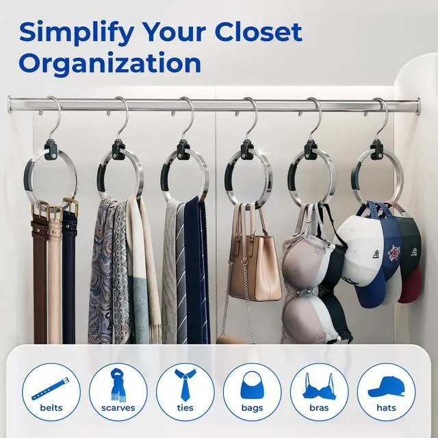 Alt view image 5 of 7 - Premium Closet Organizer, Rotating Aluminum Ring Hanger with 360° Swivel Hook, Space Saving Accessory Holder for Belts, Ties, Hats, Scarves, Purses & Handbags | Closet Organizer (3 Pack)