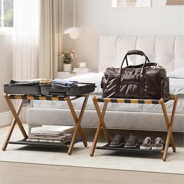 Main image of 2 Pack Luggage Rack, Folding Luggage Rack for Guest Room, Walnut Bamboo Suitcase Stand Holds up to 131 lb, Luggage Stand with Storage Shelf for Hotel, Bedroom