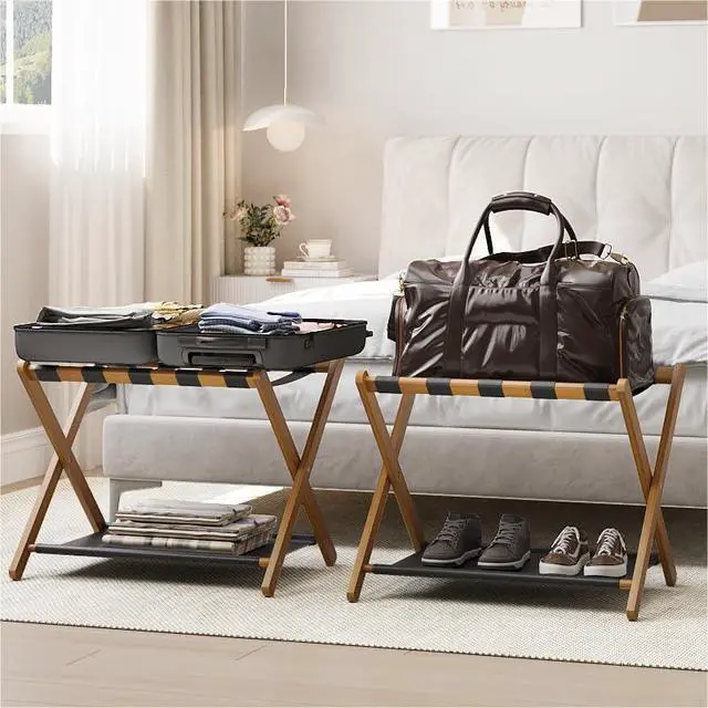 Alt view image 2 of 7 - 2 Pack Luggage Rack, Folding Luggage Rack for Guest Room, Walnut Bamboo Suitcase Stand Holds up to 131 lb, Luggage Stand with Storage Shelf for Hotel, Bedroom