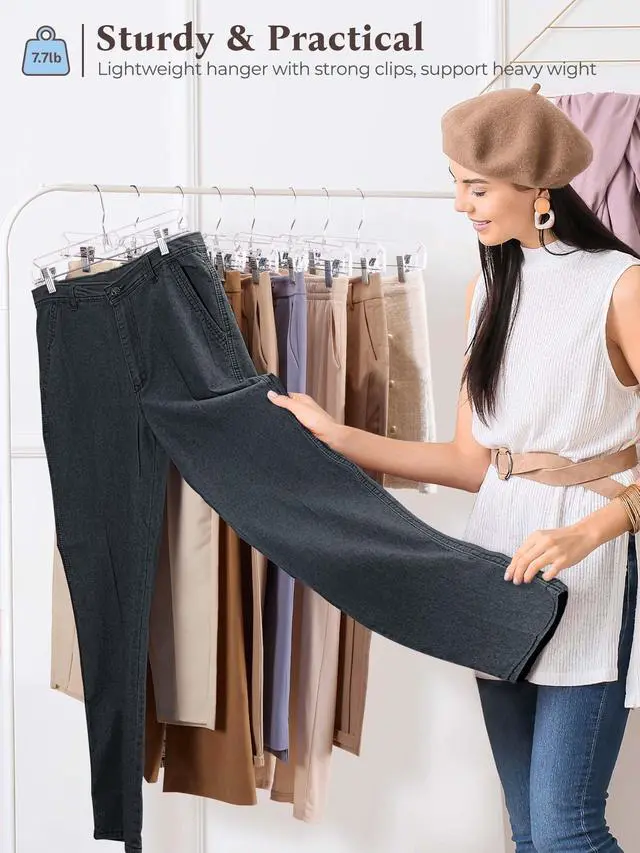 Alt view image 7 of 7 - 50 Pack 14 inch Clear Plastic Pants Hangers with Clips, Skirt Hangers, Clip Hangers for Pants, Trouser Bulk Plastic Pant Hangers
