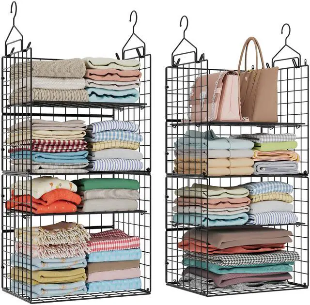 Main image of Hanging Closet Organizer and Storage - 8 Tier Closet Hanging Organizer Shelves, Metal & Foldable Hanging Storage Organizer Baskets with Adjustable Dividers for Clothing Sweaters Shoes Handbags