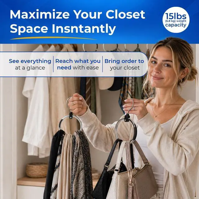 Alt view image 2 of 7 - Premium Closet Organizer, Rotating Aluminum Ring Hanger with 360° Swivel Hook, Space Saving Accessory Holder for Belts, Ties, Hats, Scarves, Purses & Handbags | Closet Organizer (3 Pack)