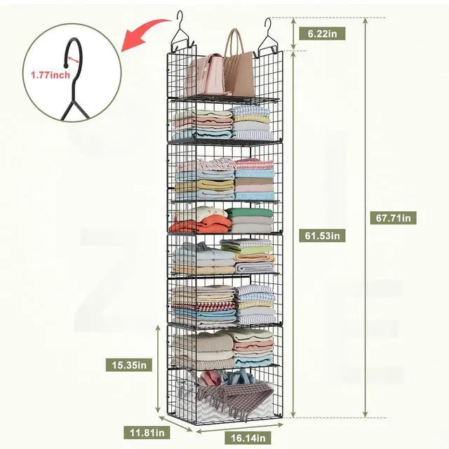 Alt view image 7 of 7 - Hanging Closet Organizer and Storage - 8 Tier Closet Hanging Organizer Shelves, Metal & Foldable Hanging Storage Organizer Baskets with Adjustable Dividers for Clothing Sweaters Shoes Handbags