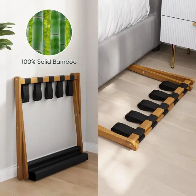 Alt view image 5 of 7 - 2 Pack Luggage Rack, Folding Luggage Rack for Guest Room, Walnut Bamboo Suitcase Stand Holds up to 131 lb, Luggage Stand with Storage Shelf for Hotel, Bedroom