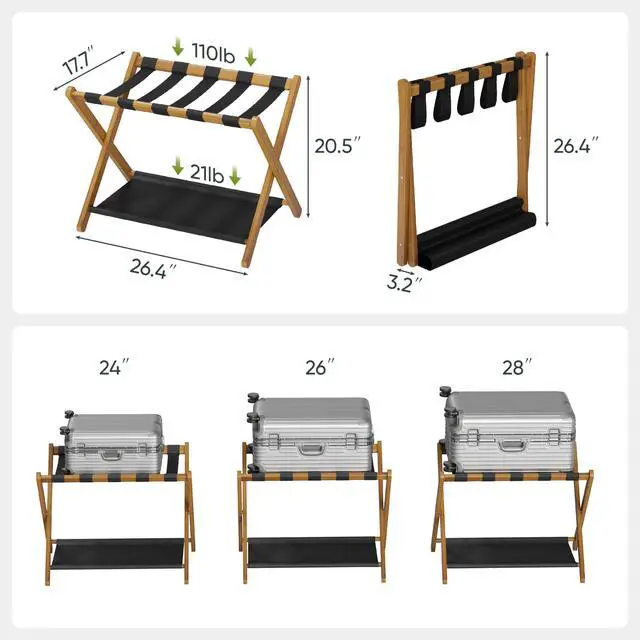 Alt view image 4 of 7 - 2 Pack Luggage Rack, Folding Luggage Rack for Guest Room, Walnut Bamboo Suitcase Stand Holds up to 131 lb, Luggage Stand with Storage Shelf for Hotel, Bedroom