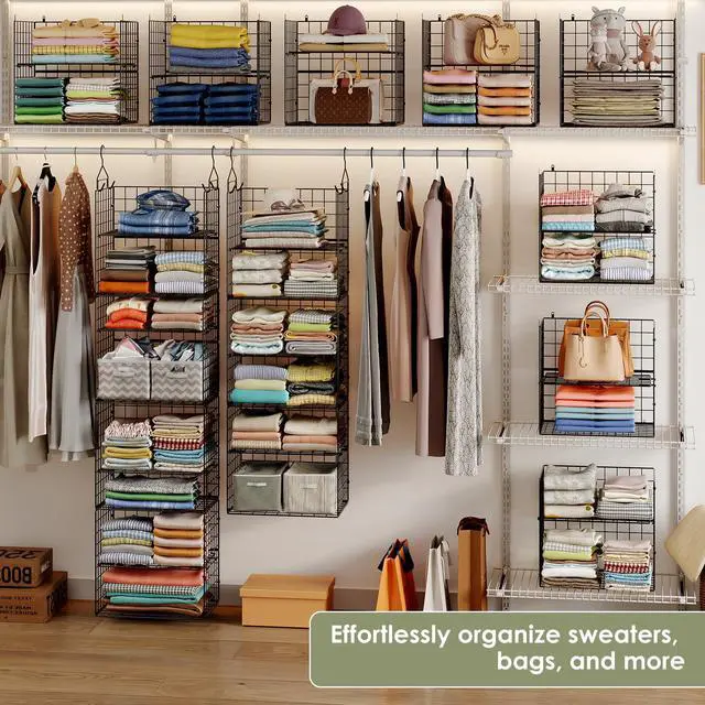 Alt view image 2 of 7 - Hanging Closet Organizer and Storage - 8 Tier Closet Hanging Organizer Shelves, Metal & Foldable Hanging Storage Organizer Baskets with Adjustable Dividers for Clothing Sweaters Shoes Handbags