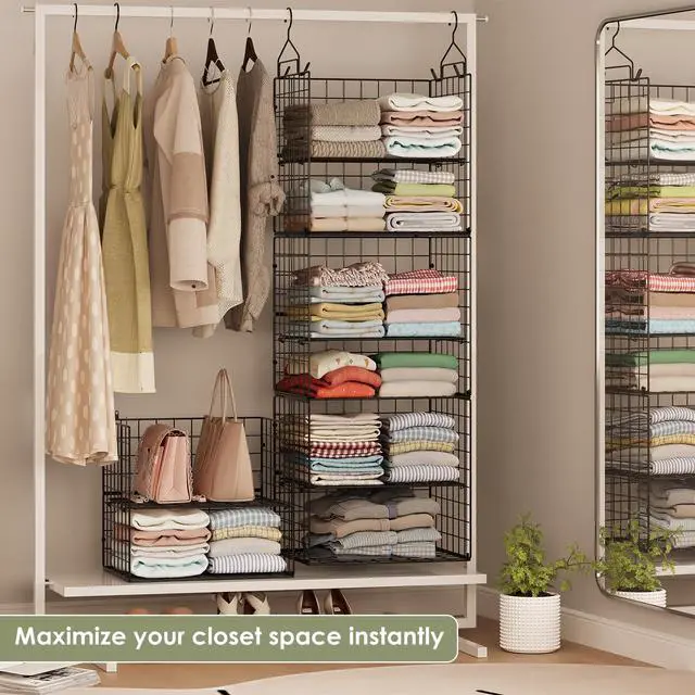 Alt view image 5 of 7 - Hanging Closet Organizer and Storage - 8 Tier Closet Hanging Organizer Shelves, Metal & Foldable Hanging Storage Organizer Baskets with Adjustable Dividers for Clothing Sweaters Shoes Handbags