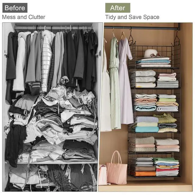 Alt view image 6 of 7 - Hanging Closet Organizer and Storage - 8 Tier Closet Hanging Organizer Shelves, Metal & Foldable Hanging Storage Organizer Baskets with Adjustable Dividers for Clothing Sweaters Shoes Handbags