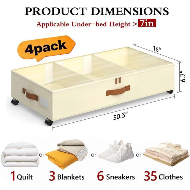 Alt view image 2 of 7 - Under Bed Storage with Wheels, 4 Pack Under Bed Storage Containers with Adjustable Dividers & Clear Window, Rolling Underbed Organizer Bins Drawers for Clothes, Shoes, Blankets, Beige