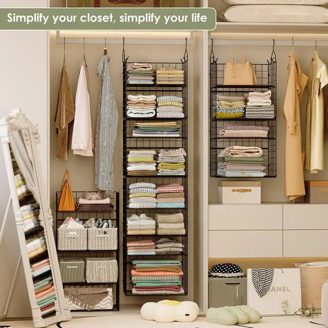 Alt view image 4 of 7 - Hanging Closet Organizer and Storage - 8 Tier Closet Hanging Organizer Shelves, Metal & Foldable Hanging Storage Organizer Baskets with Adjustable Dividers for Clothing Sweaters Shoes Handbags