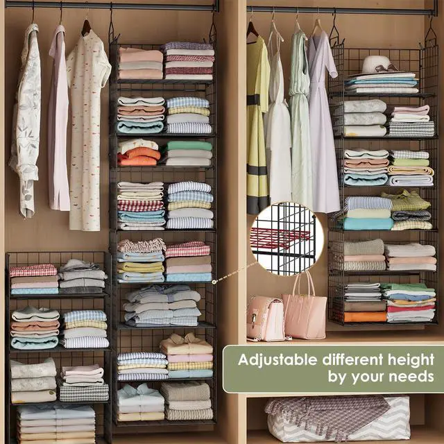 Alt view image 3 of 7 - Hanging Closet Organizer and Storage - 8 Tier Closet Hanging Organizer Shelves, Metal & Foldable Hanging Storage Organizer Baskets with Adjustable Dividers for Clothing Sweaters Shoes Handbags