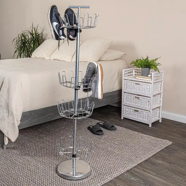 Alt view image 4 of 7 - 4-Tier Revolving Shoe Tree, Heavy-Duty Steel with Stabilized Base, Holds 24 Pairs of Shoes, Great for Most Styles, Chromelike Finish