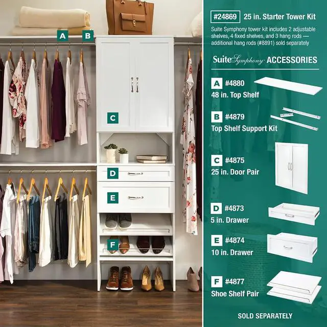 Alt view image 4 of 6 - SuiteSymphony Wood Closet Drawer, Storage Tower Add On Accessory, Shaker Style, 25 x 10, Pure White