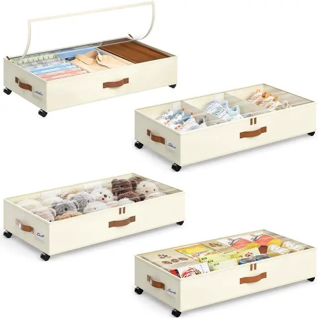 Main image of Under Bed Storage with Wheels, 4 Pack Under Bed Storage Containers with Adjustable Dividers & Clear Window, Rolling Underbed Organizer Bins Drawers for Clothes, Shoes, Blankets, Beige