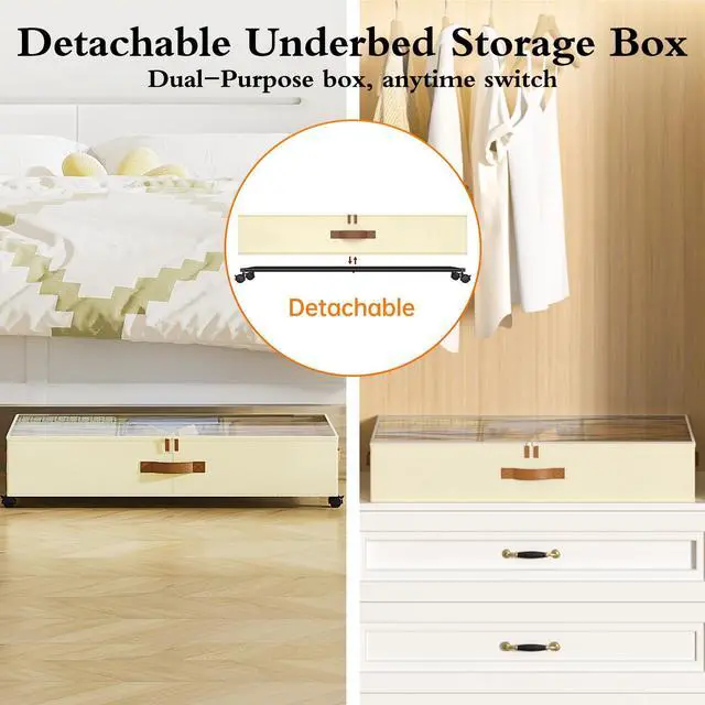 Alt view image 5 of 7 - Under Bed Storage with Wheels, 4 Pack Under Bed Storage Containers with Adjustable Dividers & Clear Window, Rolling Underbed Organizer Bins Drawers for Clothes, Shoes, Blankets, Beige