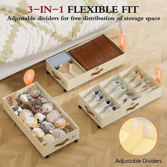 Alt view image 3 of 7 - Under Bed Storage with Wheels, 4 Pack Under Bed Storage Containers with Adjustable Dividers & Clear Window, Rolling Underbed Organizer Bins Drawers for Clothes, Shoes, Blankets, Beige