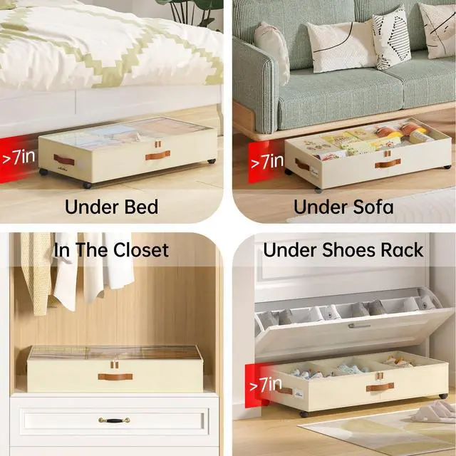 Alt view image 7 of 7 - Under Bed Storage with Wheels, 4 Pack Under Bed Storage Containers with Adjustable Dividers & Clear Window, Rolling Underbed Organizer Bins Drawers for Clothes, Shoes, Blankets, Beige