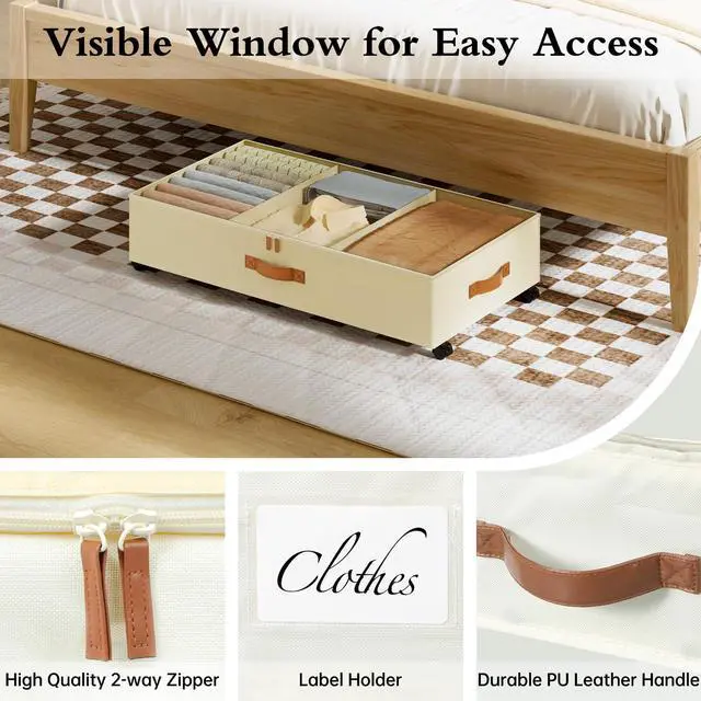Alt view image 6 of 7 - Under Bed Storage with Wheels, 4 Pack Under Bed Storage Containers with Adjustable Dividers & Clear Window, Rolling Underbed Organizer Bins Drawers for Clothes, Shoes, Blankets, Beige