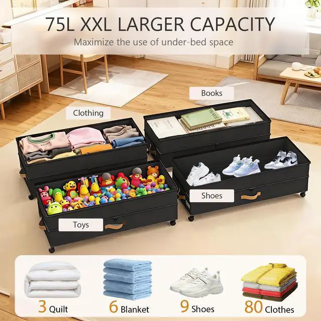 Alt view image 3 of 7 - Under Bed Storage with Wheels 2-Pack, 75L XXL Under the Bed Storage Containers Large, 12" Tall Adjustable Storage for Underbed with Lids, Rolling for Clothes, Shoes, Blankets (Black)