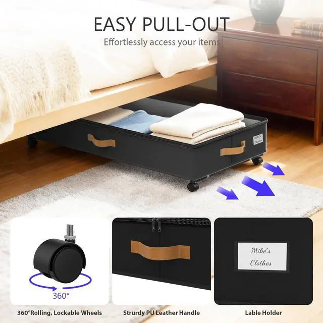 Alt view image 4 of 7 - Under Bed Storage with Wheels 2-Pack, 75L XXL Under the Bed Storage Containers Large, 12" Tall Adjustable Storage for Underbed with Lids, Rolling for Clothes, Shoes, Blankets (Black)