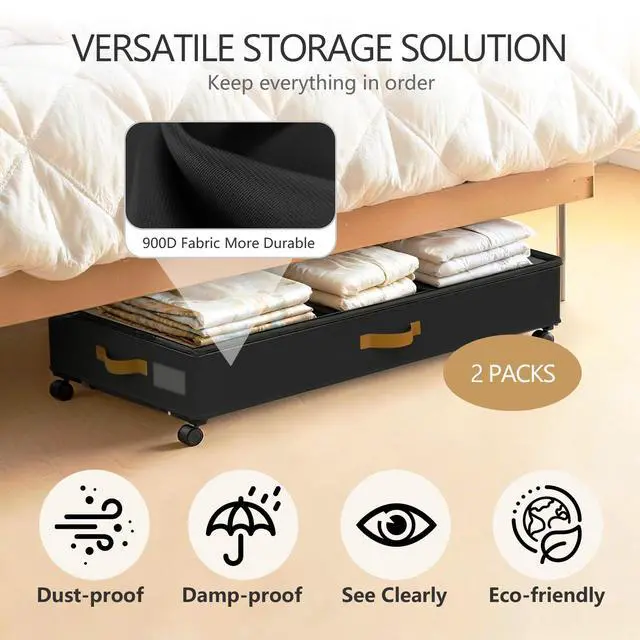 Alt view image 5 of 7 - Under Bed Storage with Wheels 2-Pack, 75L XXL Under the Bed Storage Containers Large, 12" Tall Adjustable Storage for Underbed with Lids, Rolling for Clothes, Shoes, Blankets (Black)