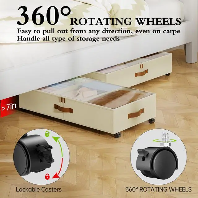 Alt view image 4 of 7 - Under Bed Storage with Wheels, 4 Pack Under Bed Storage Containers with Adjustable Dividers & Clear Window, Rolling Underbed Organizer Bins Drawers for Clothes, Shoes, Blankets, Beige