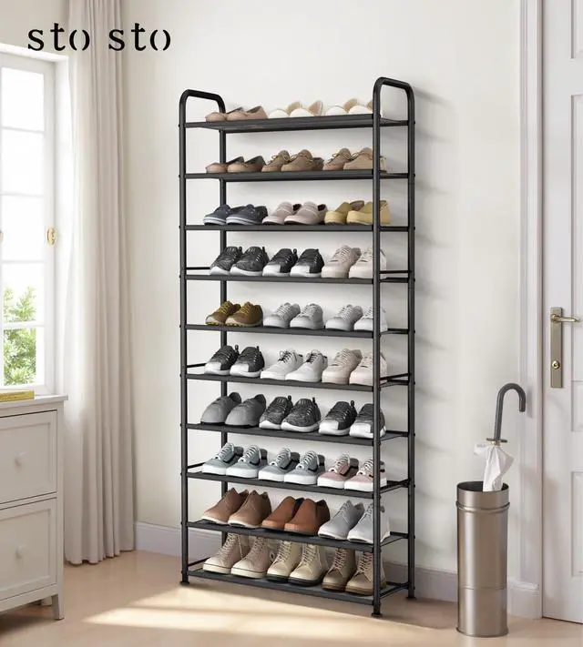 Alt view image 2 of 7 - 10-Tier Shoe Rack with Sturdy Mesh Shelves, Tall Metal Shoe Organizer for Entryway, Closet, Garage, Front Door, Holds 30 Pairs, Free Standing Large Shoe Storage Shelf, Adjustable Feet, Black