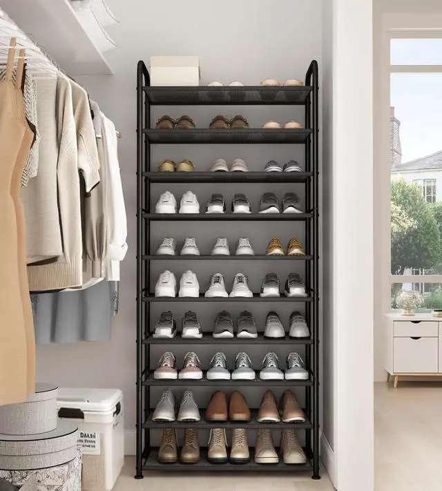 Alt view image 3 of 7 - 10-Tier Shoe Rack with Sturdy Mesh Shelves, Tall Metal Shoe Organizer for Entryway, Closet, Garage, Front Door, Holds 30 Pairs, Free Standing Large Shoe Storage Shelf, Adjustable Feet, Black