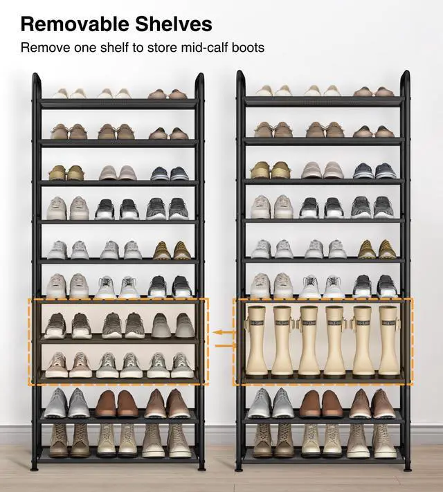 Alt view image 5 of 7 - 10-Tier Shoe Rack with Sturdy Mesh Shelves, Tall Metal Shoe Organizer for Entryway, Closet, Garage, Front Door, Holds 30 Pairs, Free Standing Large Shoe Storage Shelf, Adjustable Feet, Black