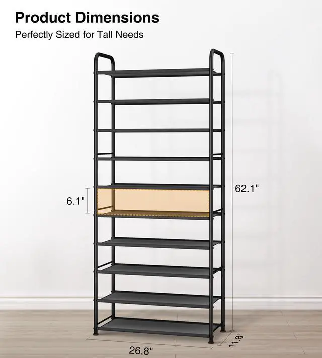 Alt view image 6 of 7 - 10-Tier Shoe Rack with Sturdy Mesh Shelves, Tall Metal Shoe Organizer for Entryway, Closet, Garage, Front Door, Holds 30 Pairs, Free Standing Large Shoe Storage Shelf, Adjustable Feet, Black