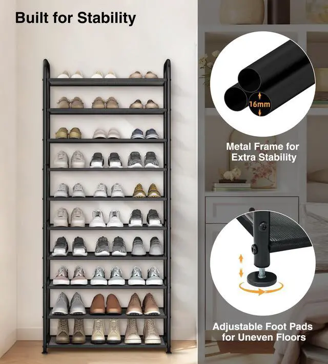 Alt view image 7 of 7 - 10-Tier Shoe Rack with Sturdy Mesh Shelves, Tall Metal Shoe Organizer for Entryway, Closet, Garage, Front Door, Holds 30 Pairs, Free Standing Large Shoe Storage Shelf, Adjustable Feet, Black