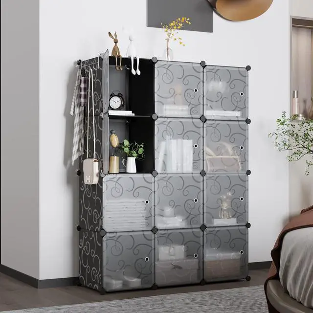 Alt view image 2 of 7 - Cube Storage Organizer with Doors, 12-Cube Shelves, Closet Cabinet, DIY Plastic Modular Bookshelf Ideal for Bedroom, Living Room, 36.6L x 12.4W x 48.4H Black USHS3012B-DOOR