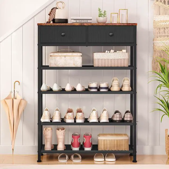 Alt view image 2 of 7 - Shoe Rack, 5 Tier Shoe Storage Organizer with 2 Drawers, Metal Shoe Shelf for 12-16 Pairs of Shoes, with 4 Oxford Fabric Shelves and Wooden Top, Shoe Stand for Closet Entryway, Black