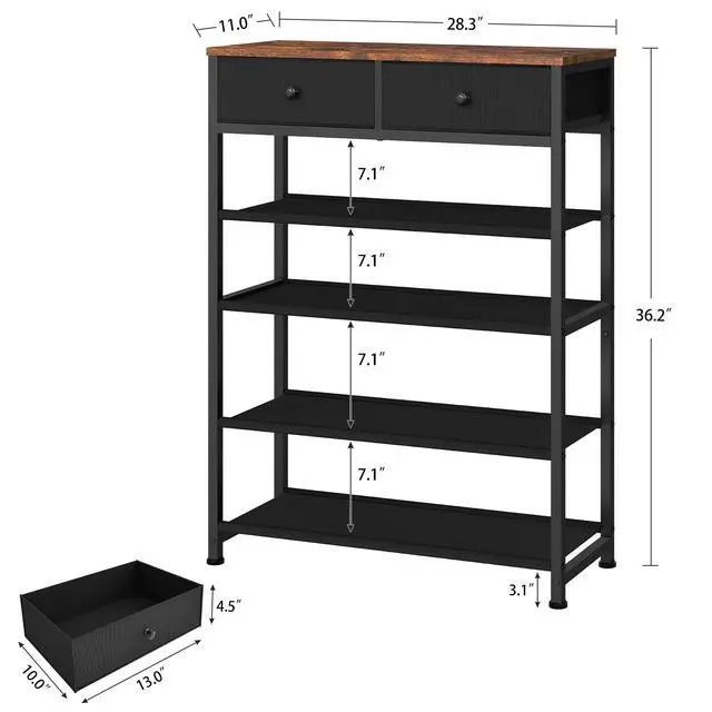 Alt view image 3 of 7 - Shoe Rack, 5 Tier Shoe Storage Organizer with 2 Drawers, Metal Shoe Shelf for 12-16 Pairs of Shoes, with 4 Oxford Fabric Shelves and Wooden Top, Shoe Stand for Closet Entryway, Black