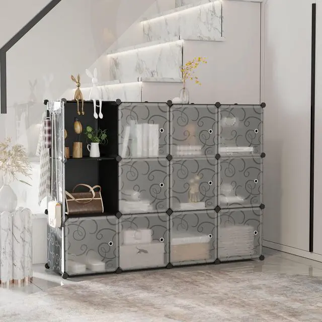 Alt view image 4 of 7 - Cube Storage Organizer with Doors, 12-Cube Shelves, Closet Cabinet, DIY Plastic Modular Bookshelf Ideal for Bedroom, Living Room, 36.6L x 12.4W x 48.4H Black USHS3012B-DOOR