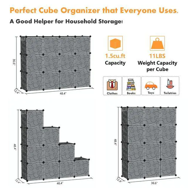 Alt view image 5 of 7 - Cube Storage Organizer with Doors, 12-Cube Shelves, Closet Cabinet, DIY Plastic Modular Bookshelf Ideal for Bedroom, Living Room, 36.6L x 12.4W x 48.4H Black USHS3012B-DOOR
