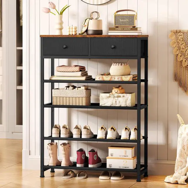 Alt view image 4 of 7 - Shoe Rack, 5 Tier Shoe Storage Organizer with 2 Drawers, Metal Shoe Shelf for 12-16 Pairs of Shoes, with 4 Oxford Fabric Shelves and Wooden Top, Shoe Stand for Closet Entryway, Black