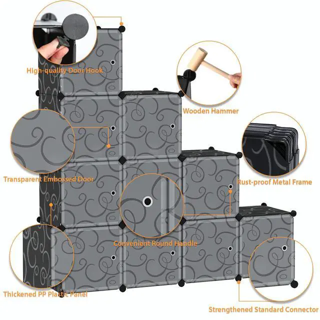 Alt view image 6 of 7 - Cube Storage Organizer with Doors, 12-Cube Shelves, Closet Cabinet, DIY Plastic Modular Bookshelf Ideal for Bedroom, Living Room, 36.6L x 12.4W x 48.4H Black USHS3012B-DOOR
