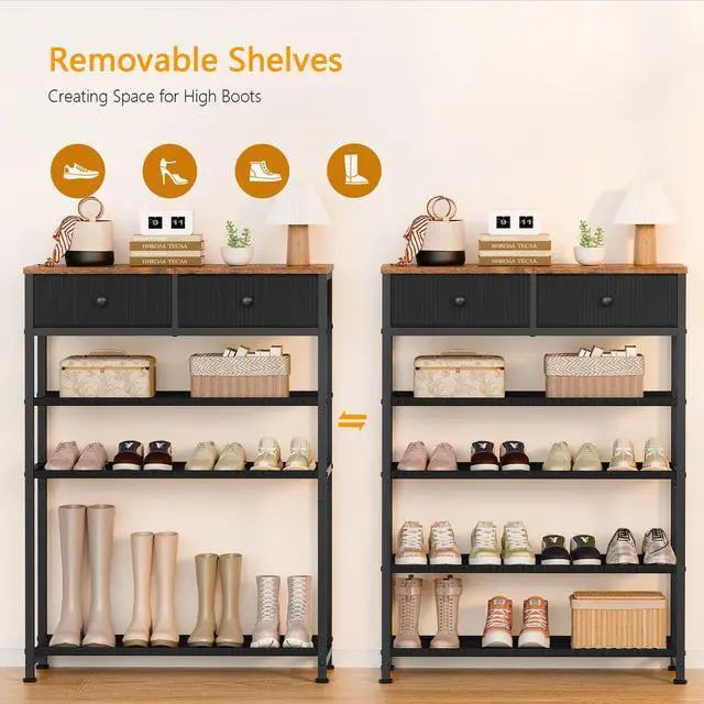 Alt view image 5 of 7 - Shoe Rack, 5 Tier Shoe Storage Organizer with 2 Drawers, Metal Shoe Shelf for 12-16 Pairs of Shoes, with 4 Oxford Fabric Shelves and Wooden Top, Shoe Stand for Closet Entryway, Black