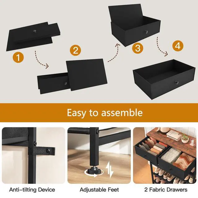 Alt view image 6 of 7 - Shoe Rack, 5 Tier Shoe Storage Organizer with 2 Drawers, Metal Shoe Shelf for 12-16 Pairs of Shoes, with 4 Oxford Fabric Shelves and Wooden Top, Shoe Stand for Closet Entryway, Black
