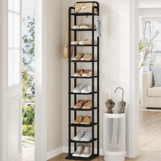 Main image of Vertical Shoe Rack, Shoe Shelves, Wood Shoe Organizer for Closet, Entryway, Shoe Tower for Small Spaces, Free Standing, Adjustable, with 2 Hooks, 10 Tier Black SR11204B