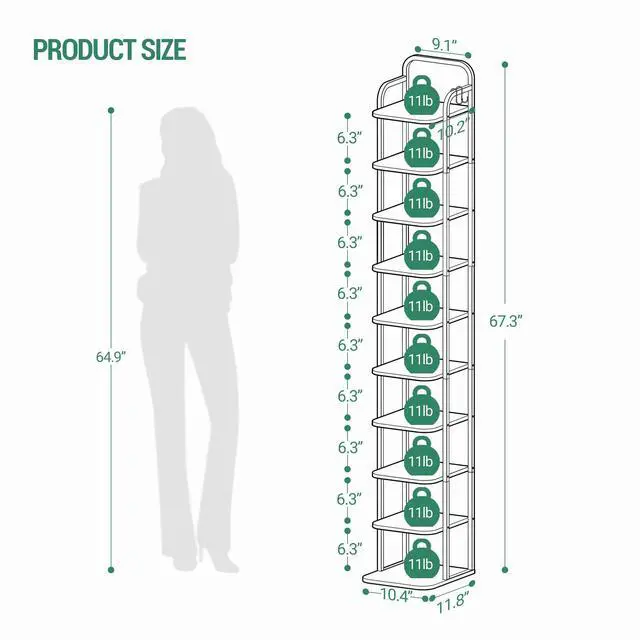 Alt view image 2 of 7 - Vertical Shoe Rack, Shoe Shelves, Wood Shoe Organizer for Closet, Entryway, Shoe Tower for Small Spaces, Free Standing, Adjustable, with 2 Hooks, 10 Tier Black SR11204B